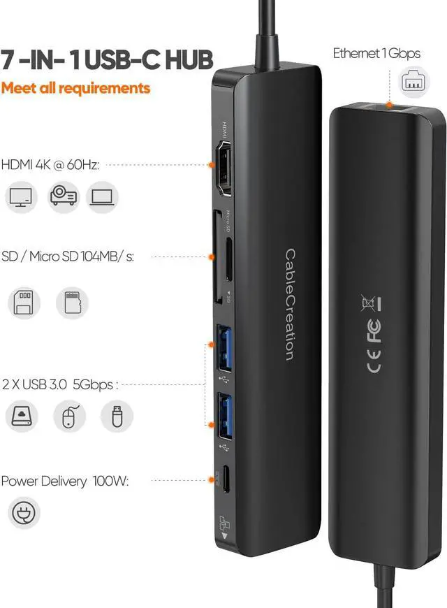 Alt view image 2 of 7 - USB C Hub with Ethernet, CableCreation 7 in 1 4k@60Hz HDMI USB C Multiport Adapter with 100W PD, 2 USB 3.0 Ports, SD/TF Cards Reader Compatible for MacBook Pro/Air M1 M2, iPad Pro/Air, Dell XPS, HP