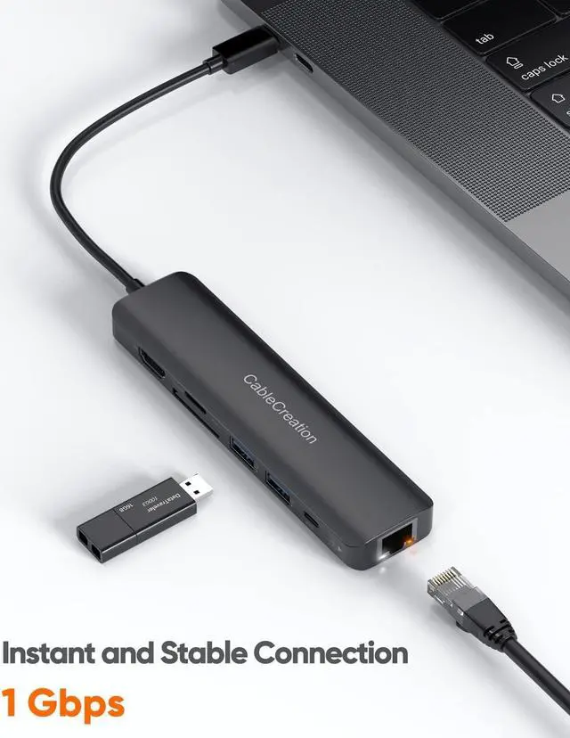 Alt view image 4 of 7 - USB C Hub with Ethernet, CableCreation 7 in 1 4k@60Hz HDMI USB C Multiport Adapter with 100W PD, 2 USB 3.0 Ports, SD/TF Cards Reader Compatible for MacBook Pro/Air M1 M2, iPad Pro/Air, Dell XPS, HP