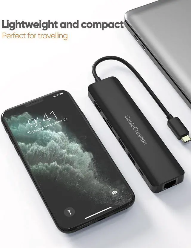 Alt view image 7 of 7 - USB C Hub with Ethernet, CableCreation 7 in 1 4k@60Hz HDMI USB C Multiport Adapter with 100W PD, 2 USB 3.0 Ports, SD/TF Cards Reader Compatible for MacBook Pro/Air M1 M2, iPad Pro/Air, Dell XPS, HP