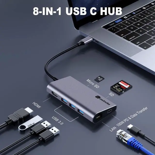 Alt view image 2 of 6 - LasAnclas 8-in-1 USB C Hub Ethernet, USB C Docking Station 4K HDMI, 100W PD, 3*5Gbps USB 3.0, 1Gbps LAN USB C Dongle, SD/TF Card Reader USB Multiport Adapter for MacBook Air/Pro,iPad Pro 2021 and More