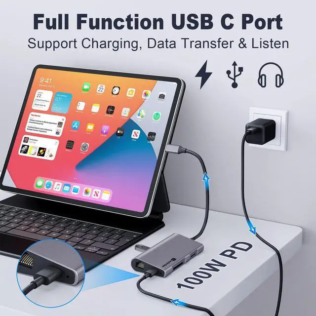 Alt view image 3 of 6 - LasAnclas 8-in-1 USB C Hub Ethernet, USB C Docking Station 4K HDMI, 100W PD, 3*5Gbps USB 3.0, 1Gbps LAN USB C Dongle, SD/TF Card Reader USB Multiport Adapter for MacBook Air/Pro,iPad Pro 2021 and More