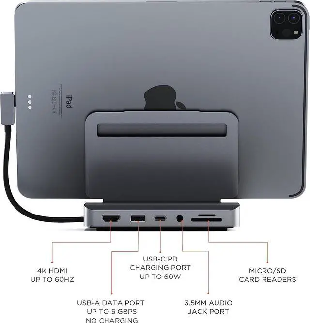 Alt view image 4 of 6 - Satechi USB C Hub - iPad Pro USB C Hub - Aluminum Stand & Hub  6-in-1 iPad Dock Foldable Stand  iPad Docking Station - iPad Hub for M2, M1 iPad Pro/iPad Air, iPad Mini 6 Gen