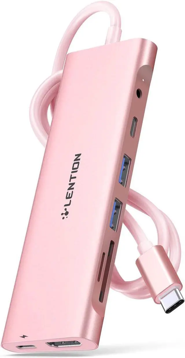 Main image of LENTION 3.3FT Long Cable USB C Hub, Multiport Adapter with 4K HDMI, USB 3.0, USB C Data Port, Card Reader, Aux,100W PD for New MacBook Pro/Mac Air, iPhone 15 Pro/Max, More (CB-C37, Rose Gold)