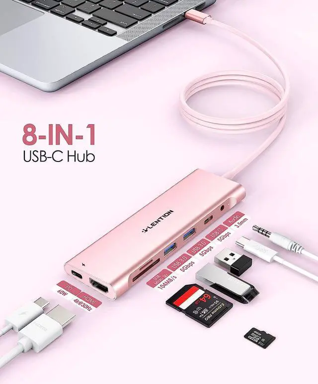 Alt view image 2 of 7 - LENTION 3.3FT Long Cable USB C Hub, Multiport Adapter with 4K HDMI, USB 3.0, USB C Data Port, Card Reader, Aux,100W PD for New MacBook Pro/Mac Air, iPhone 15 Pro/Max, More (CB-C37, Rose Gold)