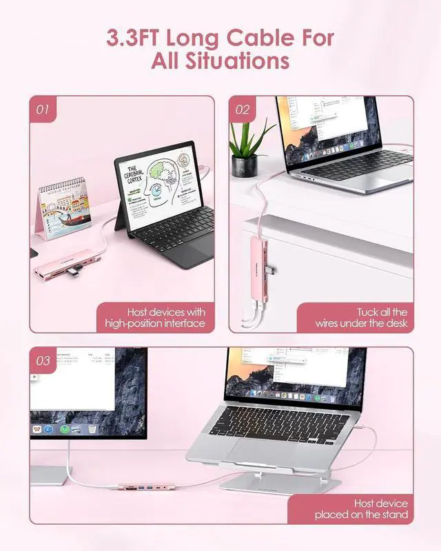 Alt view image 6 of 7 - LENTION 3.3FT Long Cable USB C Hub, Multiport Adapter with 4K HDMI, USB 3.0, USB C Data Port, Card Reader, Aux,100W PD for New MacBook Pro/Mac Air, iPhone 15 Pro/Max, More (CB-C37, Rose Gold)
