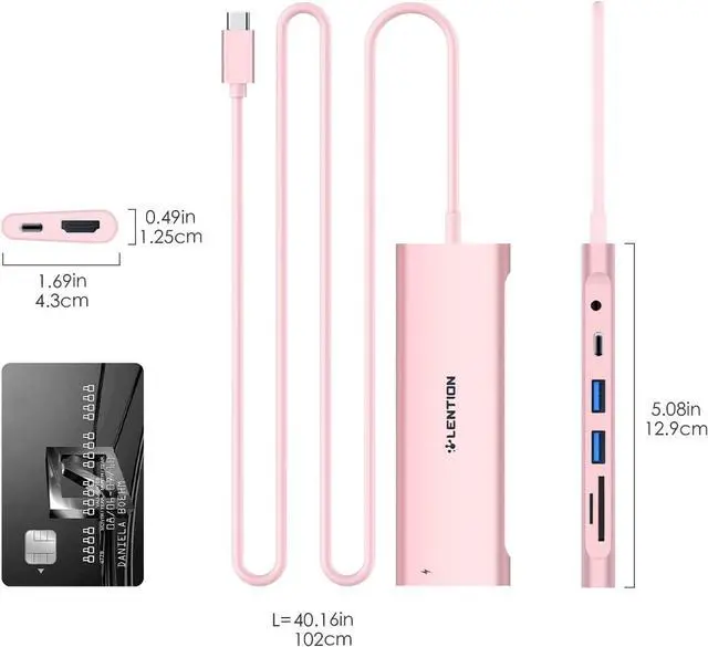 Alt view image 7 of 7 - LENTION 3.3FT Long Cable USB C Hub, Multiport Adapter with 4K HDMI, USB 3.0, USB C Data Port, Card Reader, Aux,100W PD for New MacBook Pro/Mac Air, iPhone 15 Pro/Max, More (CB-C37, Rose Gold)