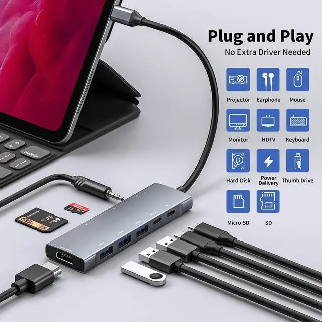 Alt view image 2 of 7 - USB C Hub 4K@60Hz HDMI Adapter,9in1 USB C Hub with 3.5m Jack,3 USB3.0,SD/TF Card Slot,100W USB C PD,USB-C3.0,for iPad Pro MacBook Pro Air M1 2022 2020,Steam Deck,iPad Air 6
