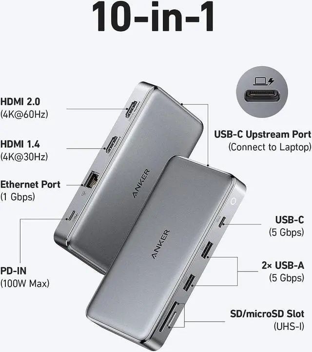 Alt view image 2 of 6 - Anker 563 USB-C Hub (10-in-1, Dual 4K HDMI, for MacBook), Docking Station Dual Monitor, with Max 100W Pd-in, 5Gbps USB Data Ports for M1/ M2 MacBook Pro, MacBook Air, Dell XPS, Thinkpad and More