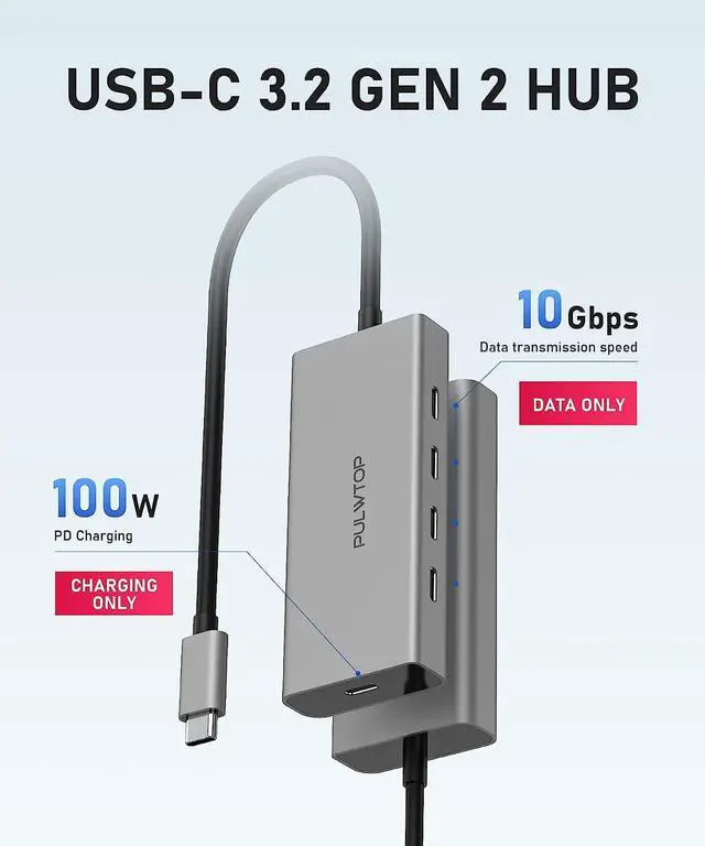 Alt view image 3 of 6 - PULWTOP 5 Port USB C Hub 10Gbps for Laptop, USB C Hub Power Delivery with 100W PD (Not Support Monitor) USB C to USB C Hub Multiport Adapter for MacBook Pro, Chromebook, iMac, XPS
