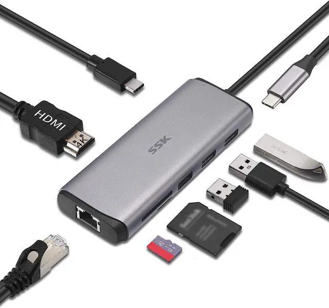 Main image of SSK USB C Hub, 8-in-1 Type C Multiport Hub to HDMI Adapter with RJ45 Ethernet, 4K60Hz HDMI, PD3.0 Powered, 3 USBs, SD/TF Card Reader USB C Dock for MacBook/Pro/Air and More
