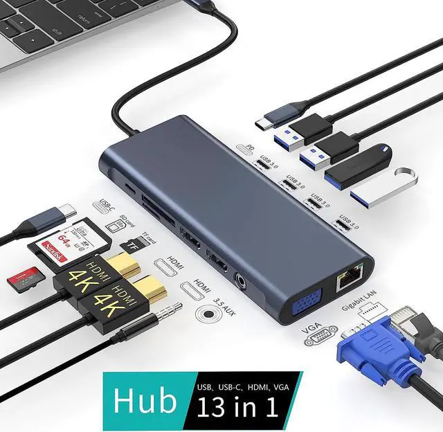 Alt view image 2 of 7 - USB C Docking Station Hub (13 -in-1) with 2 X 4K HDMI, Ethernet, VGA,Audio, USB3.0 TF/SD Dongle Docking Station Compatible for MacBook iPad Pro Dell Hp Lenovo