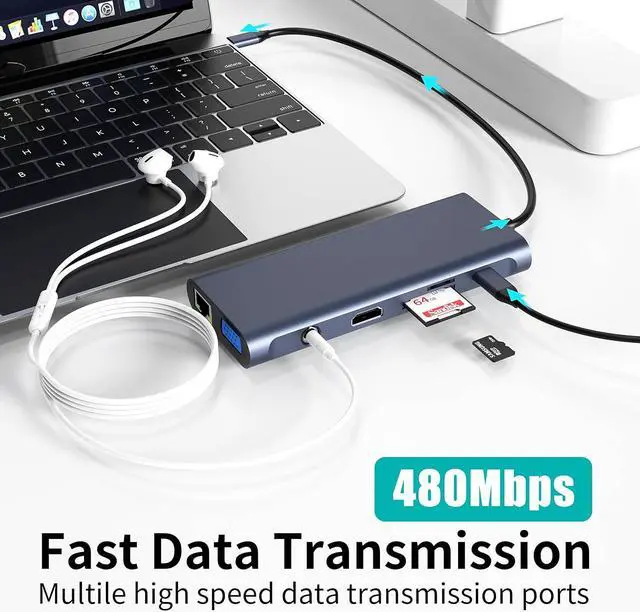 Alt view image 7 of 7 - USB C Docking Station Hub (13 -in-1) with 2 X 4K HDMI, Ethernet, VGA,Audio, USB3.0 TF/SD Dongle Docking Station Compatible for MacBook iPad Pro Dell Hp Lenovo