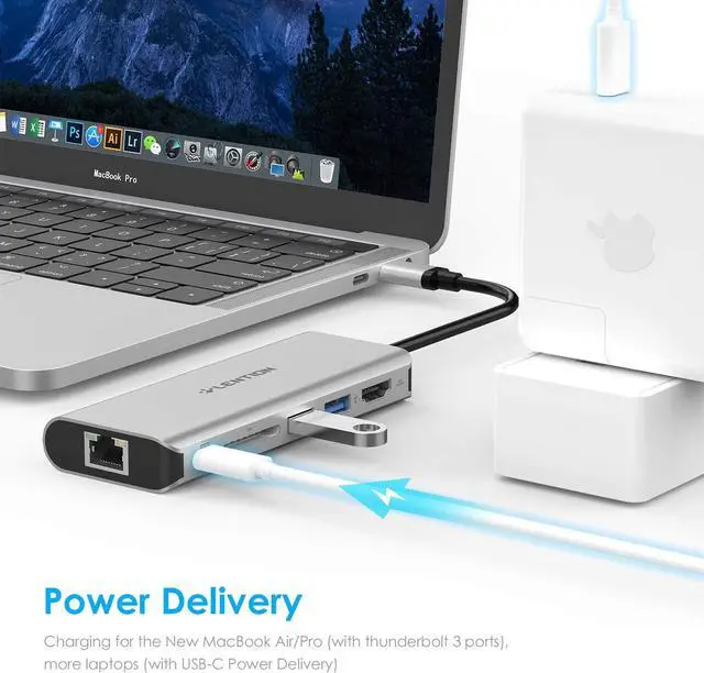 Alt view image 2 of 7 - LENTION USB C Hub with 4K HDMI, SD Card Reader, 2 USB 3.0, Type C Charging & Gigabit Ethernet Compatible 2023-2016 MacBook Pro, New Mac Air/Surface, More, Stable Driver Adapter (CB-C68, Silver)