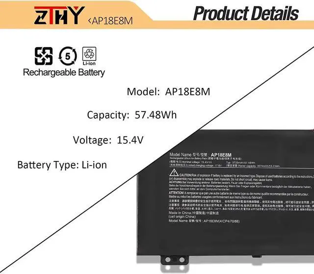 Alt view image 3 of 7 - ZTHY AP18E8M AP18E7M Laptop Battery for Nitro 5 AN515-54-76JY AN515-43-R1RK AN515-44-R99Q AN517-51-7095 Nitro 7 AN715-51 Aspire 7 A715-74G-7511 Predator Helios 300 PH315-52-736R 15.4V 57.48Wh