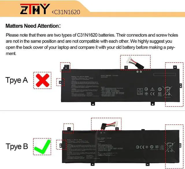 Alt view image 3 of 7 - ZTHY C31N1620 Battery Replacement for Asus Zenbook UX430 UX430U UX430UA UX430UAR UX430UN UX430UNR UX430UQ UX430UQ-GV015T U4100 U4100U U4100UN U4100UQ UX3400 UX3400U UX3400UA UX3400UN UX3400UQ BX430UA