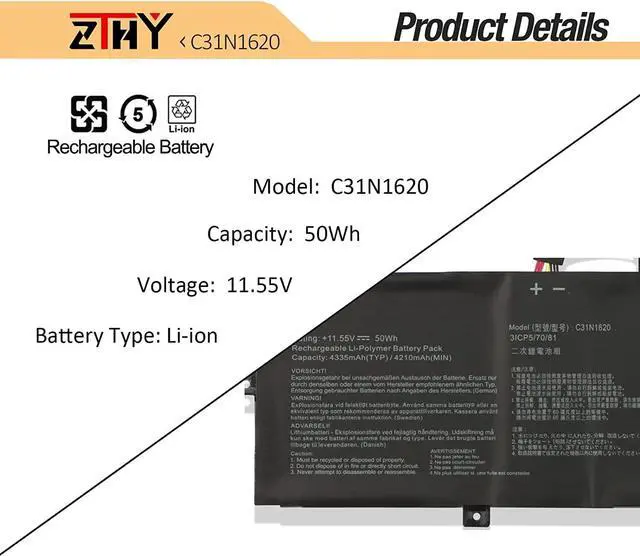 Alt view image 4 of 7 - ZTHY C31N1620 Battery Replacement for Asus Zenbook UX430 UX430U UX430UA UX430UAR UX430UN UX430UNR UX430UQ UX430UQ-GV015T U4100 U4100U U4100UN U4100UQ UX3400 UX3400U UX3400UA UX3400UN UX3400UQ BX430UA