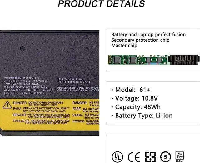 Alt view image 2 of 7 - 48WH 61+ 6cell 01AV425 Laptop Battery Compatible with Lenovo ThinkPad T470 T570 T480 T580 A475 P51S P52S TP25 Series 4X50M0881 01AV491 SB10K97582 SB10K97583 SB10K97661 01AV492 01AV427
