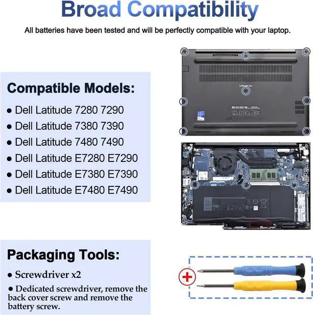 Alt view image 5 of 7 - ANTIEE F3YGT Laptop Battery for Dell Latitude 12 7000 7280 7290 P29S002 13 7000 7380 7390 14 7000 7490 7480 P28S P28S001 P73G P73G001 P73G002 Series DM6WC DM3WC 2X39G KG7VF 451-BBYE 453-BBCF Notebook