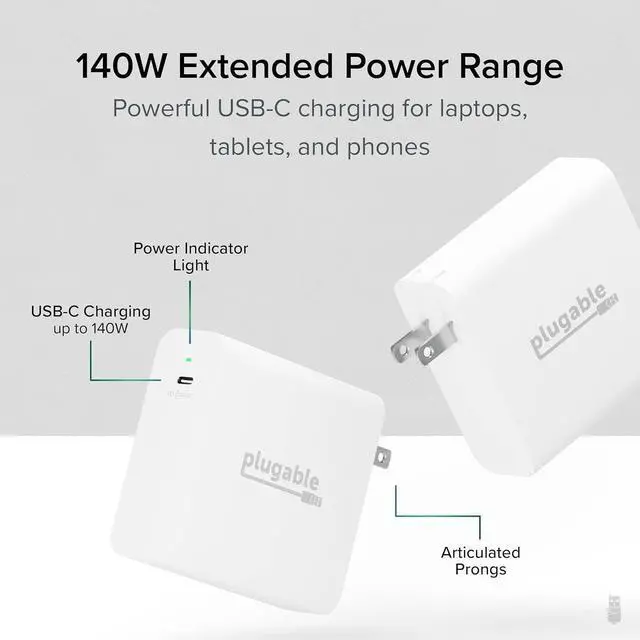 Alt view image 2 of 7 - Plugable 140W USB C Charger, GaN Wall Charger for Laptop, PD 3.1 (EPR) Power Adapter, Compatible with MacBook Pro, MacBook Air iPad Pro, Surface and USB-C Devices