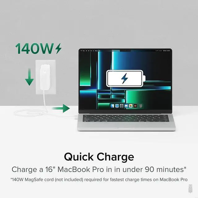 Alt view image 4 of 7 - Plugable 140W USB C Charger, GaN Wall Charger for Laptop, PD 3.1 (EPR) Power Adapter, Compatible with MacBook Pro, MacBook Air iPad Pro, Surface and USB-C Devices