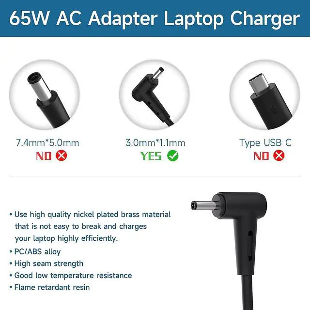 Alt view image 2 of 6 - Acer 65W Laptop Charger for Acer Chromebook 11 13 14 15 R11 R13 CB3 CB5 C740 C720 C738T C731 C738T CB3-532 N15Q8 N15Q9 N16Q1 A13-045N2A A11-065N1A Spin 1 3 5 Swift 3 N16P1 CB3-131 Power Supply Cord