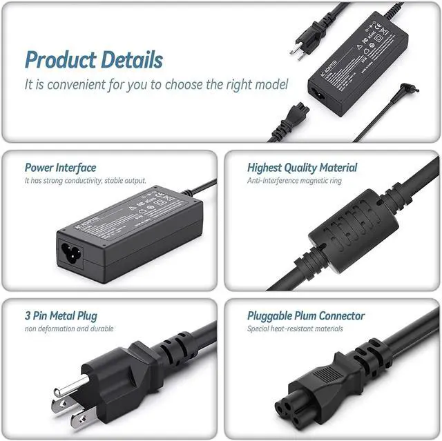 Alt view image 3 of 6 - Acer 65W Laptop Charger for Acer Chromebook 11 13 14 15 R11 R13 CB3 CB5 C740 C720 C738T C731 C738T CB3-532 N15Q8 N15Q9 N16Q1 A13-045N2A A11-065N1A Spin 1 3 5 Swift 3 N16P1 CB3-131 Power Supply Cord
