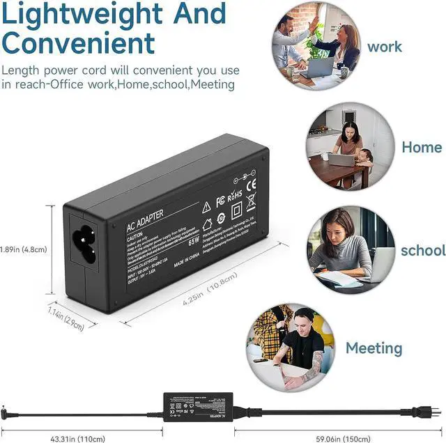 Alt view image 5 of 6 - Acer 65W Laptop Charger for Acer Chromebook 11 13 14 15 R11 R13 CB3 CB5 C740 C720 C738T C731 C738T CB3-532 N15Q8 N15Q9 N16Q1 A13-045N2A A11-065N1A Spin 1 3 5 Swift 3 N16P1 CB3-131 Power Supply Cord
