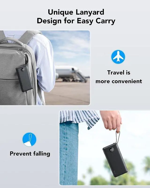 Alt view image 7 of 7 - Portable Charger 10000mAh with Built in Cables, USB C Power Bank Ultra Slim 5 Output 2 Input LED Display VRURC External Battery Pack Phone Charger Compatible with iPhone,Samsung Cell Phones, Black