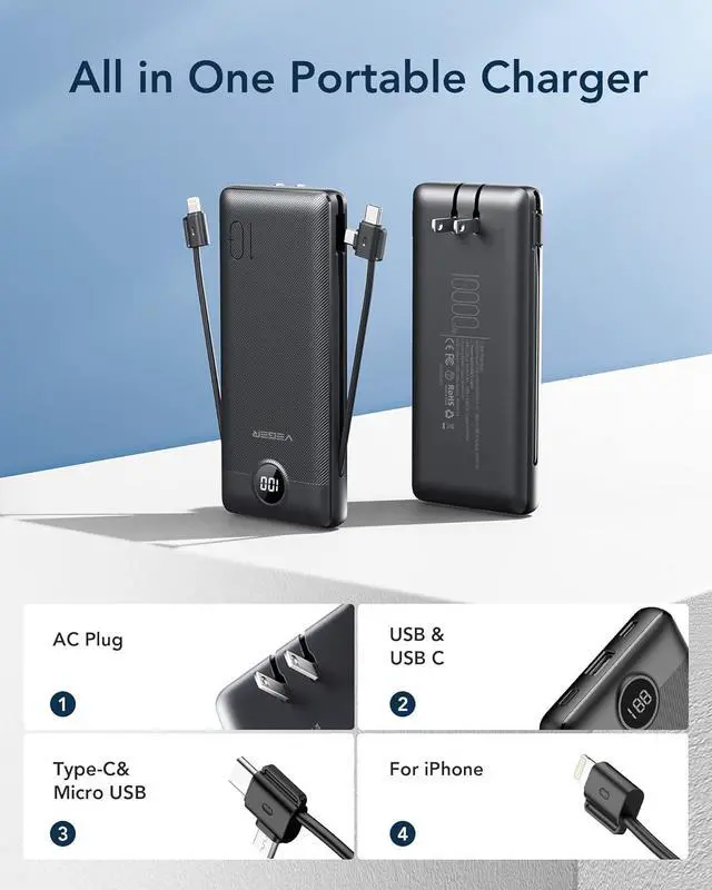 Alt view image 2 of 7 - Portable Charger for iPhone Built in Cables and Wall Plug 10000mah Slim Fast Charging USB C Power Bank Travel Essential Battery Pack Compatible with iPhones iPad  More Devices(Black)