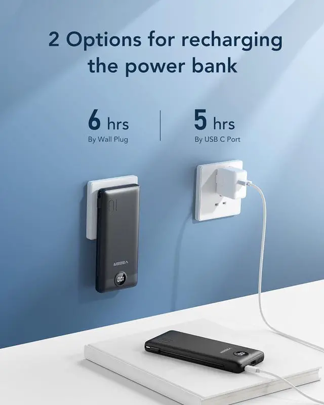 Alt view image 5 of 7 - Portable Charger for iPhone Built in Cables and Wall Plug 10000mah Slim Fast Charging USB C Power Bank Travel Essential Battery Pack Compatible with iPhones iPad  More Devices(Black)