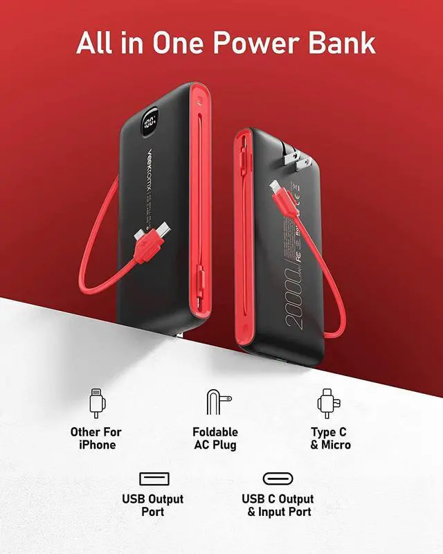 Alt view image 2 of 7 - VEEKTOMX Portable Charger with Built in Cables 22.5W 20000mAh, Power Bank for iPhone with AC Wall Plug, Fast Charging USB C Slim Battery Pack with LED Display Compatible with iPhone, Samsung, etc