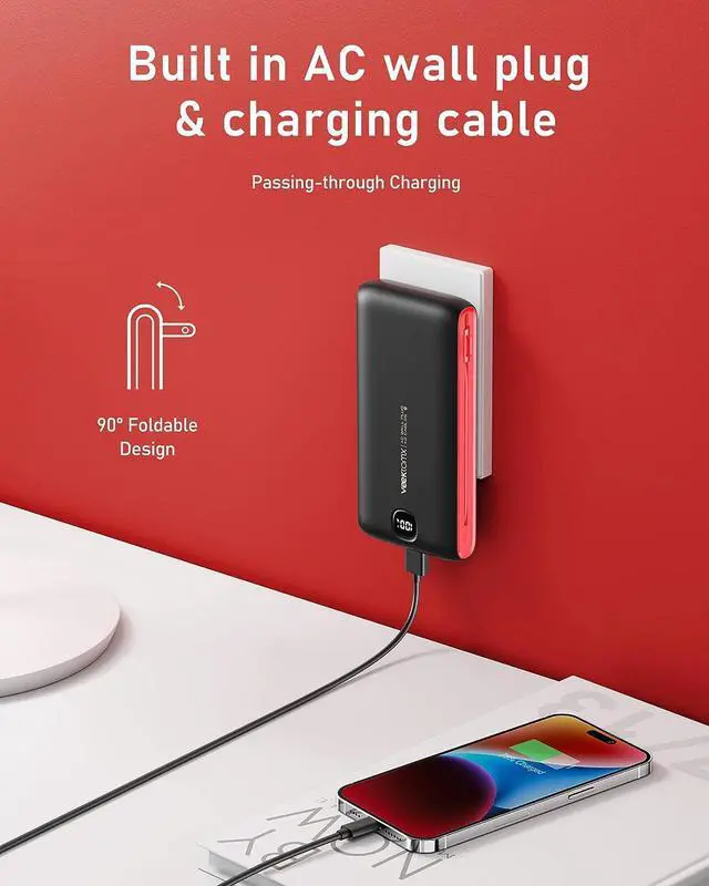 Alt view image 3 of 7 - VEEKTOMX Portable Charger with Built in Cables 22.5W 20000mAh, Power Bank for iPhone with AC Wall Plug, Fast Charging USB C Slim Battery Pack with LED Display Compatible with iPhone, Samsung, etc