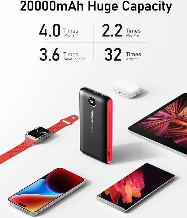 Alt view image 7 of 7 - VEEKTOMX Portable Charger with Built in Cables 22.5W 20000mAh, Power Bank for iPhone with AC Wall Plug, Fast Charging USB C Slim Battery Pack with LED Display Compatible with iPhone, Samsung, etc