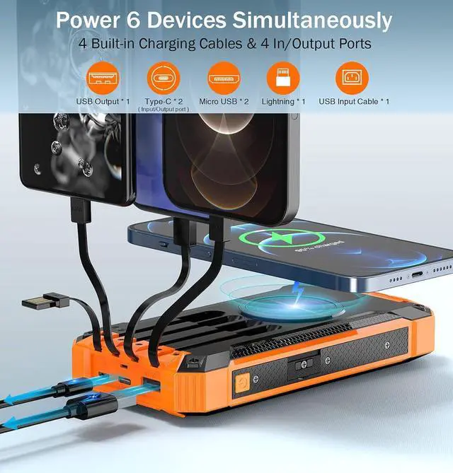 Alt view image 3 of 7 - GOODaaa Power Bank Wireless Charger 36000mAh Built in 4 Cables Six Outputs 15W Fast Charging Power Bank for All Mobile Devices Three Inputs Solar Portable Charger with Dual Flashlights, Carabiner