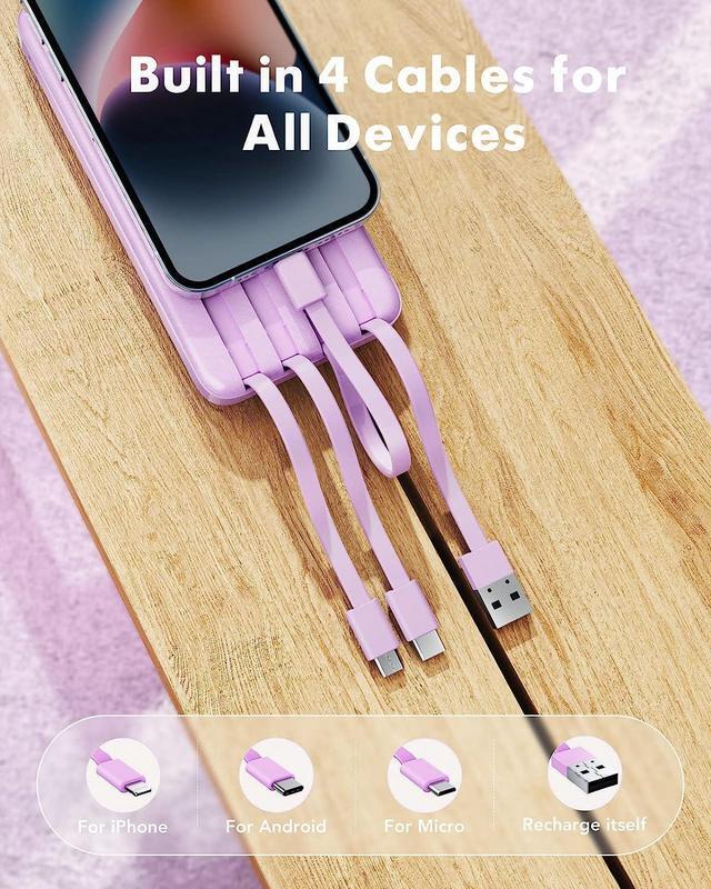  Portable Charger with Built in Cables, Portable Charger with  Cords Wires Slim 10000mAh Travel Essentials Battery Pack 6 Outputs 3A High  Speed Power Bank for iPhone Samsung Pixel LG Moto iPad 