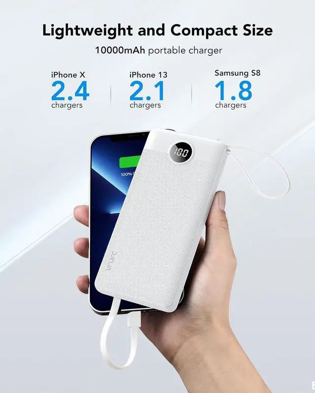 Alt view image 5 of 7 - Portable Charger for iPhone with Built in Cords, 10000mAh USB C Phone Power Bank, VRURC Ultra Slim with 5 Outputs 2 Inputs LED Display External Battery Compatible with iPhone,Samsung, Tablets