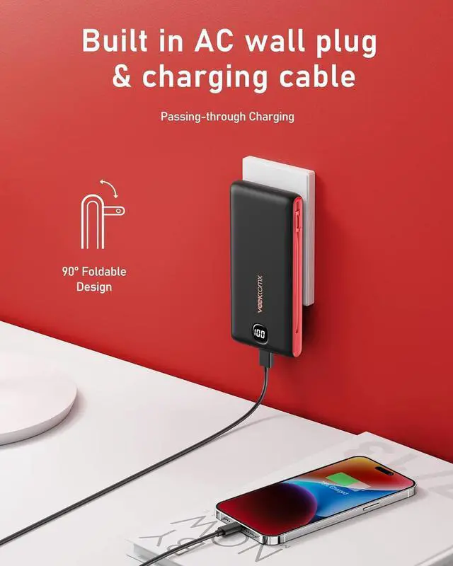 Alt view image 3 of 7 - VEEKTOMX Portable Charger with Built in Cables 10000mAh, Power Bank for iPhone with AC Wall Plug, Fast Charging USB C Slim Battery Pack with LED Display Compatible with iPhone15/14/13, Samsung