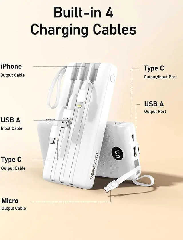 Alt view image 3 of 7 - VEEKTOMX Portable Charger Built-in Cables, 20000mAh Power Bank for iPhone, USB C Fast Charge Battery Pack, Travel Essentials Backup Battery Bank, Compatible with iPhone 15/14, Samsung, Andriod, Etc