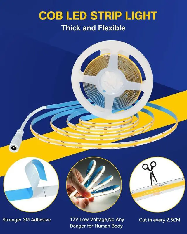 Alt view image 3 of 7 - COB LED Strip Light White 6000K, Strong 3M Adhesive Flexible Led Rope Lights, DC 12V/16.4ft Dimmable LED Tape Lights Kit for Home, Office, RV, DIY, TV Backlight, Stage(Power Adapter not Included)