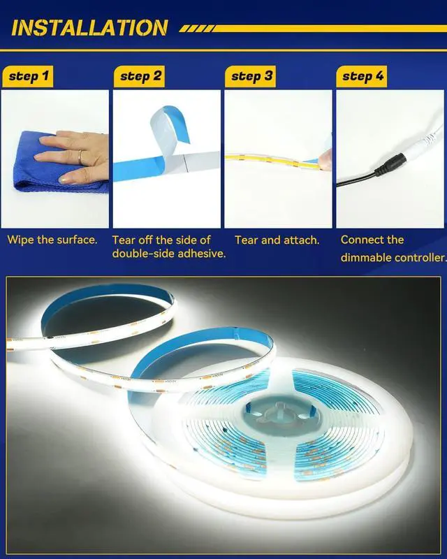 Alt view image 7 of 7 - COB LED Strip Light White 6000K, Strong 3M Adhesive Flexible Led Rope Lights, DC 12V/16.4ft Dimmable LED Tape Lights Kit for Home, Office, RV, DIY, TV Backlight, Stage(Power Adapter not Included)