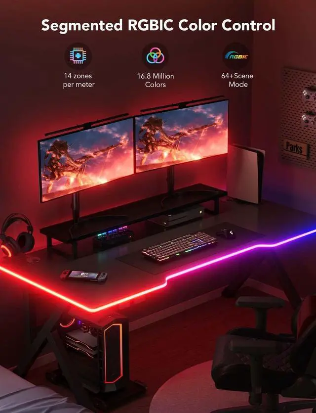 Alt view image 2 of 7 - RGBIC Gaming Lights, 10ft Neon Rope Lights Soft Lighting for Gaming Desks, LED Strip Lights Syncing with Razer Chroma, Support Cutting, Smart App Control, Music Sync, Adapter (Only 2.4G Wi-Fi)