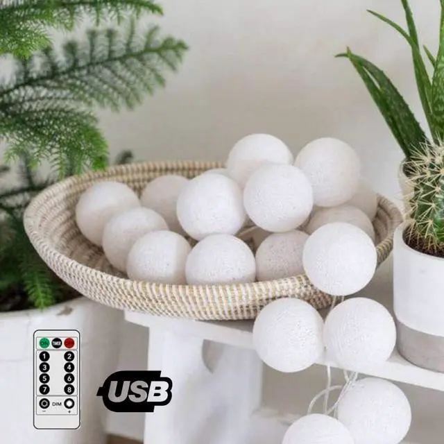 Main image of Cotton Ball String 24 LED Lights  White Globe Fairy Lights 16.4ft 5m USB Powered with 8 Modes, and Remote Control  for Bedroom, Table, Wedding, Kids Room, Party, Tent, Indoor Decor. (White)