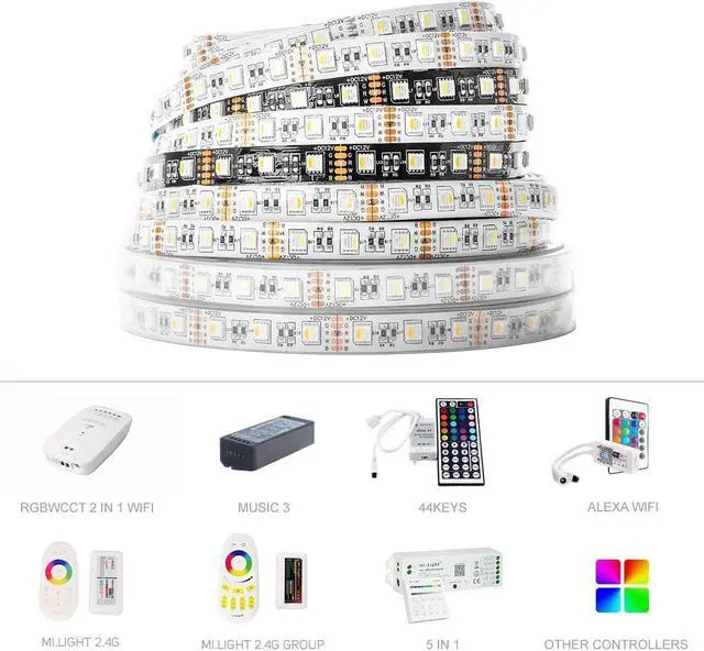 Alt view image 6 of 7 - 5050 RGBW RGB+Cool White(6000K-7000K) 4 Colors in 1 LED Tape Light DC12V 5m 16.4ft 60LED/m Multi-Colored IP30 White 12mm PCB for Bedroom Kitchen Home Decoration(No Adapter or Controller)