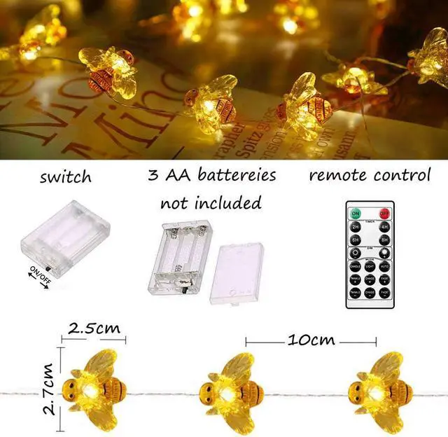 Alt view image 2 of 6 - 40 LED Honeybee Fairy String Lights Waterproof Battery Operated 8 Modes with Remote Control for Wedding, Party, Festival, Indoor, Outdoor (Honeybee)