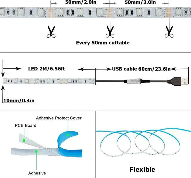 Alt view image 2 of 6 - 5V USB RGB LED Strip Light USB Powered 13.2ft/4M (2pcs x 6.6ft) 240LEDs Flexible SMD 5050 with Controller Dimmable 19 Dynamic Modes 20 Static Colors No-Waterproof IP20 LED Tape Lights