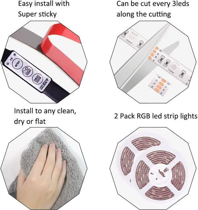 Alt view image 6 of 7 - Battery Operated LED Strip Lights RGB Battery Powered Led Strip Lights 3 Keys Controller 13.2FT/4M Color Changing Flexible Light for PC TV Mirror Kitchen Cabinet Shelves Room Decor 2Pcs