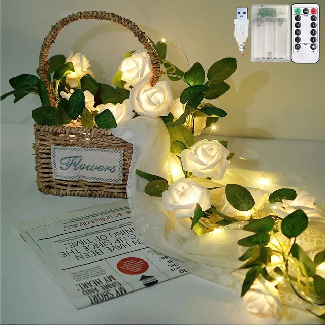 Main image of Rose String Lights Battery Powered or USB Powered with Remote Control, Rose Fairy Lights Waterproof for Bedroom, Christmas, Festivals, Wedding, Party, Valentine's Day (White, 6.6)