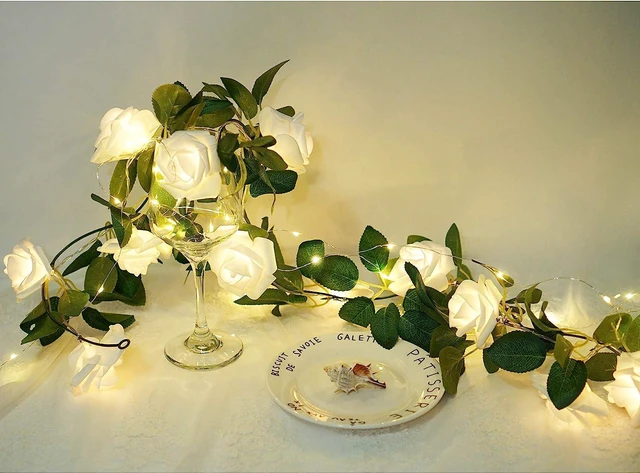 Alt view image 4 of 6 - Rose String Lights Battery Powered or USB Powered with Remote Control, Rose Fairy Lights Waterproof for Bedroom, Christmas, Festivals, Wedding, Party, Valentine's Day (White, 6.6)