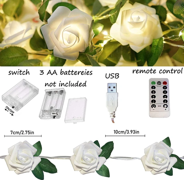 Alt view image 2 of 6 - Rose String Lights Battery Powered or USB Powered with Remote Control, Rose Fairy Lights Waterproof for Bedroom, Christmas, Festivals, Wedding, Party, Valentine's Day (White, 6.6)