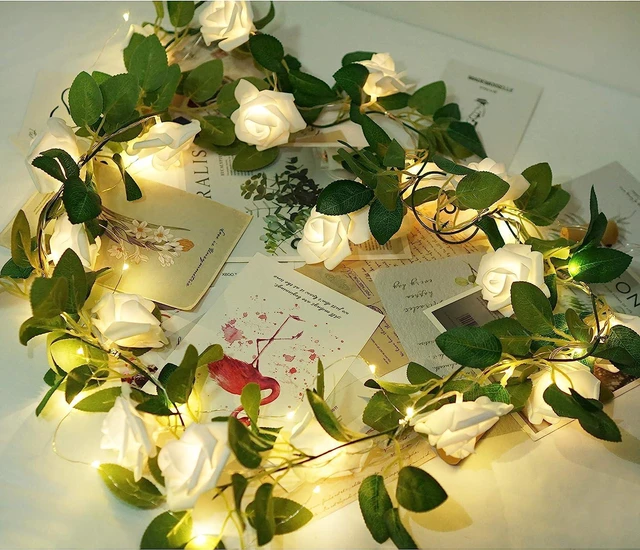 Alt view image 3 of 6 - Rose String Lights Battery Powered or USB Powered with Remote Control, Rose Fairy Lights Waterproof for Bedroom, Christmas, Festivals, Wedding, Party, Valentine's Day (White, 6.6)